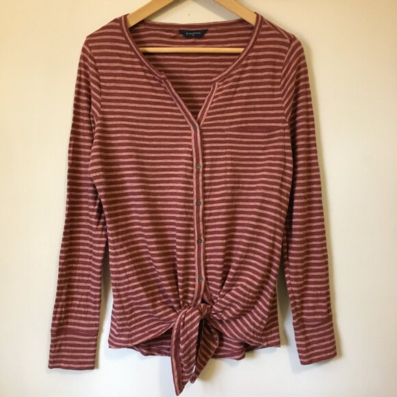 100% Cotton Long Sleeve Tie Hem Raspberry and Peach Pinstripe Top - Picture 1 of 16